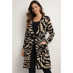 Calvin Klein Womens M Animal Print Long Cardigan Sweater Belted Pockets
